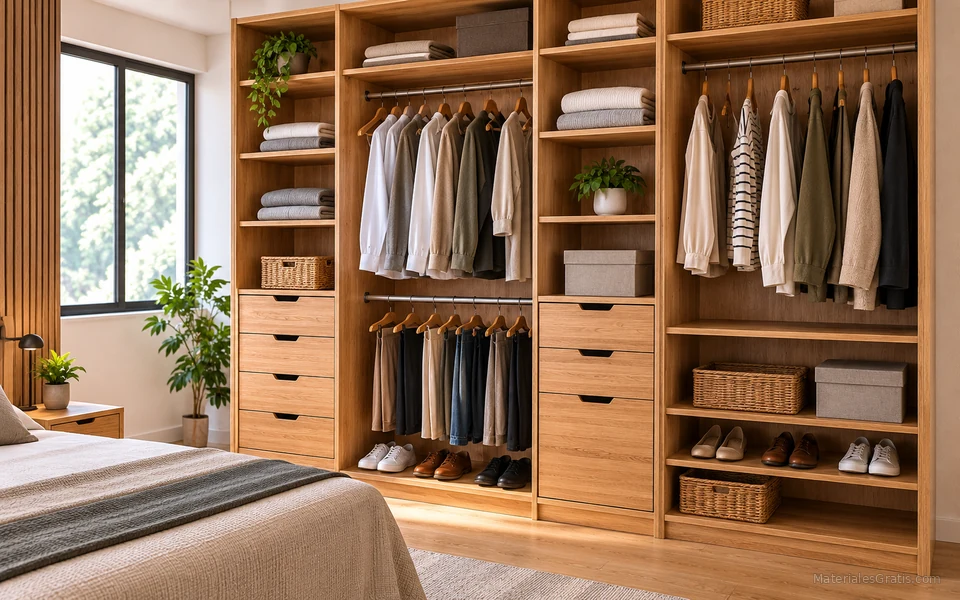 Clóset abierto de madera organizado en un dormitorio luminoso con repisas y barras para ropa.