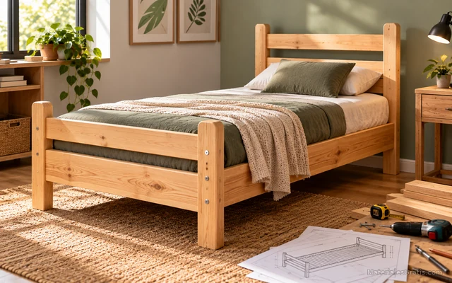 Cama de madera terminada en un taller con un plano visible junto al proyecto.