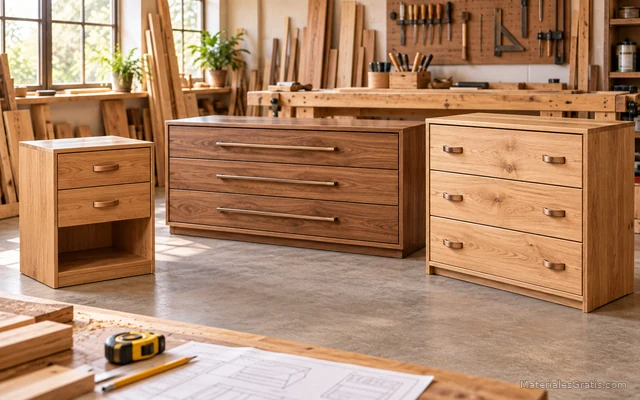 Tres gaveteros de madera de diferentes proporciones terminados en un taller.