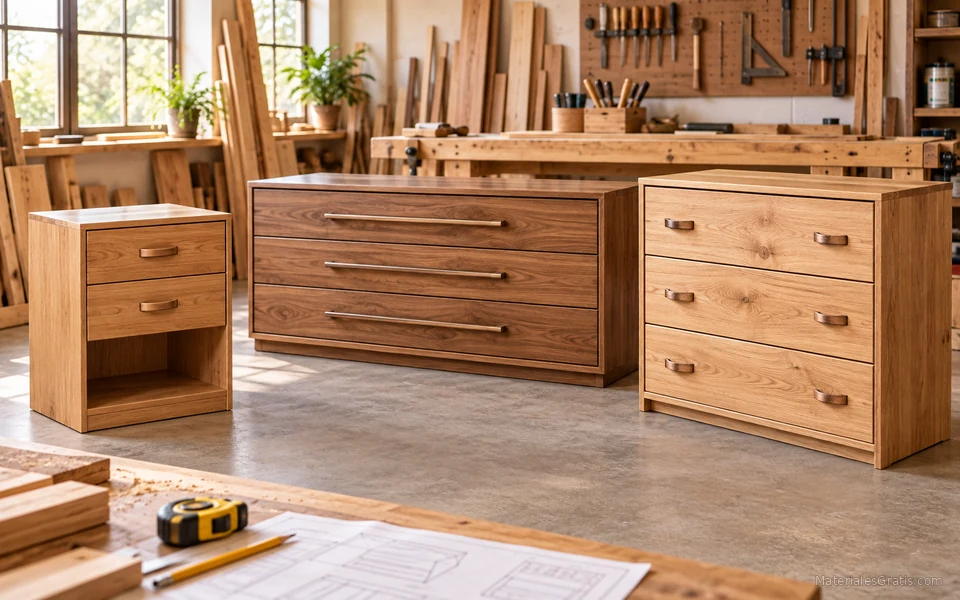 Tres gaveteros de madera de diferentes proporciones terminados en un taller.