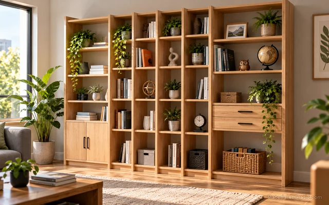 Estantería de madera terminada con distintos módulos de almacenamiento en un interior luminoso.