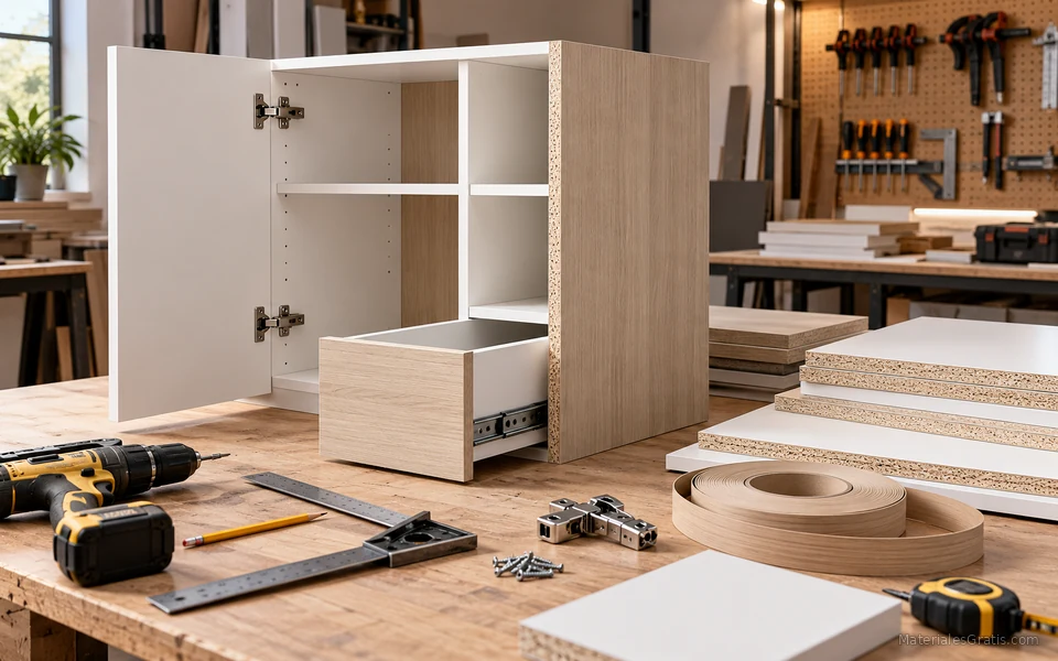 Mueble de melamina en proceso de ensamblaje con tableros, herrajes y herramientas de carpintería.