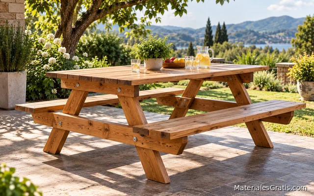 Mesa de picnic de madera con bancos integrados en un entorno exterior junto a un lago.