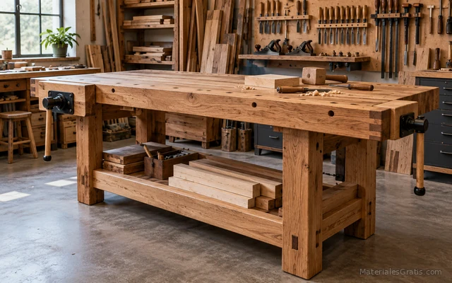 Mesa de trabajo robusta de madera en un taller organizado con herramientas.