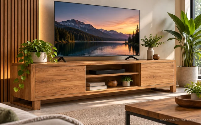 Mueble de TV de madera maciza en una sala escandinava luminosa.