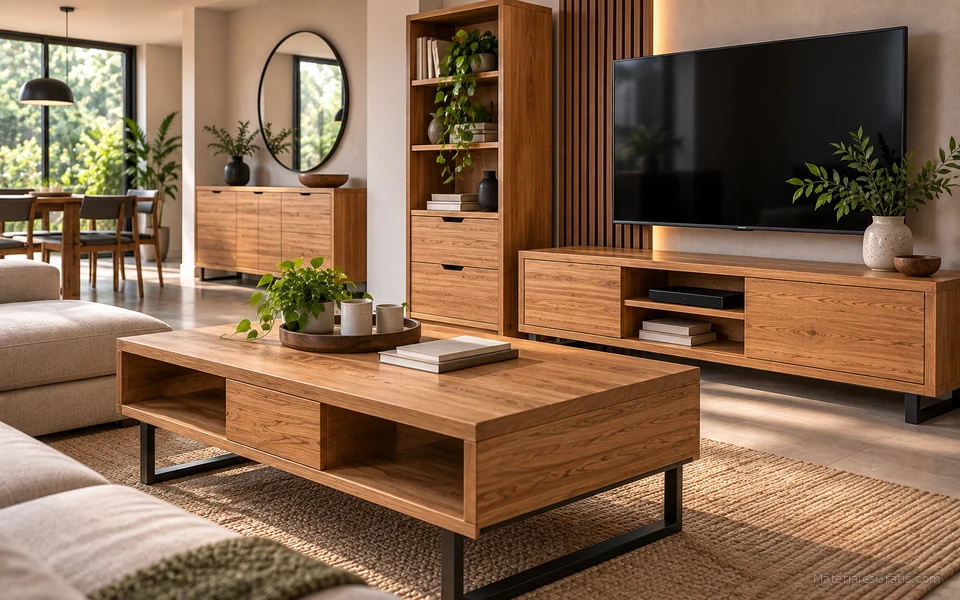 Sala escandinava con varios muebles modernos de madera y plantas.