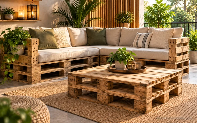 Sofá de palets de madera con cojines en un patio rústico rodeado de plantas.