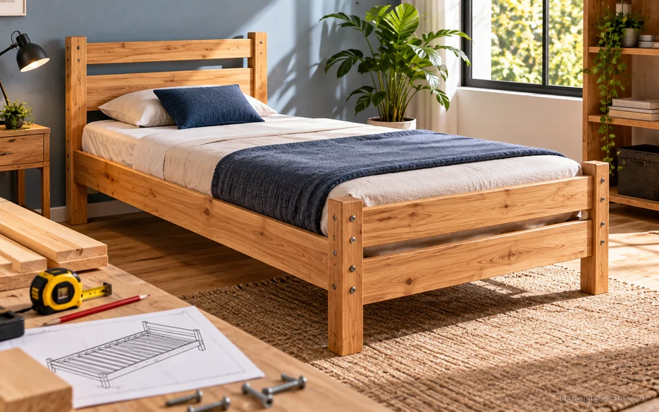 Cama individual de madera terminada con un plano del proyecto junto al mueble.