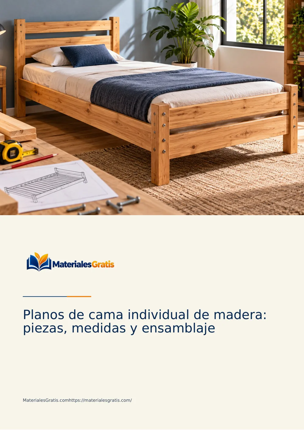Página 1 del PDF Planos de cama individual de madera — piezas, medidas y ensamblaje