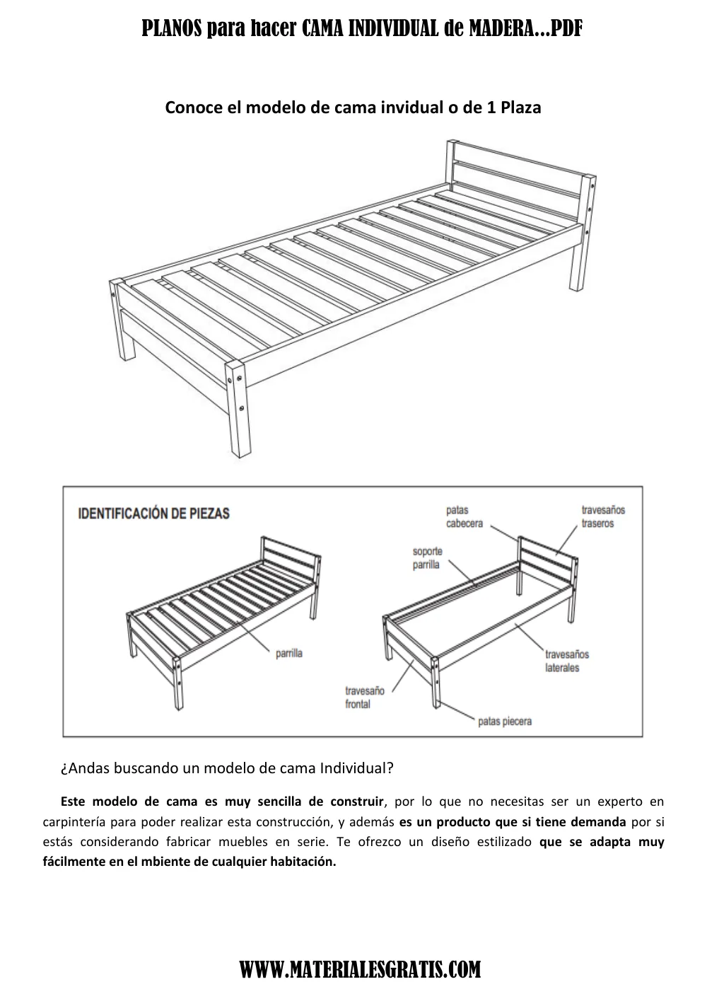 Página 2 del PDF Planos de cama individual de madera — piezas, medidas y ensamblaje
