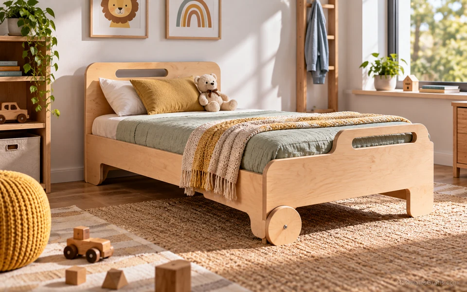 Cama infantil de madera con ruedas integrada en una habitación luminosa.