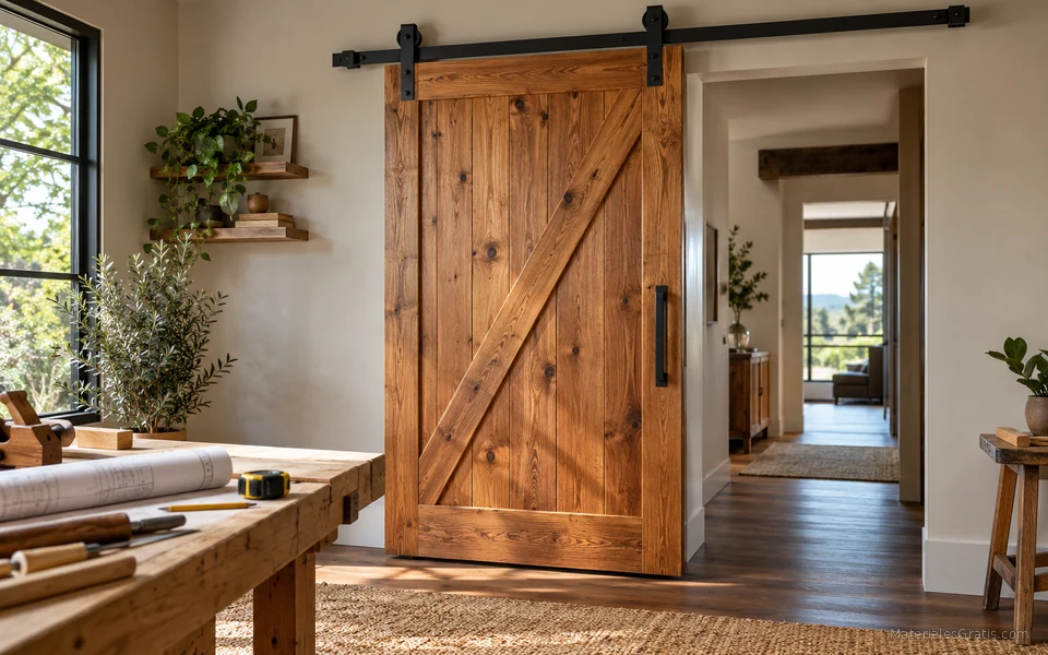 Puerta corrediza de madera con herrajes negros montada en un interior contemporáneo.