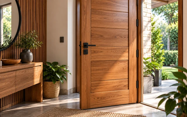 Puerta de madera maciza abierta hacia un jardín en una entrada rústica contemporánea.