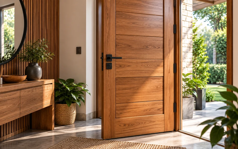 Puerta de madera maciza abierta hacia un jardín en una entrada rústica contemporánea.