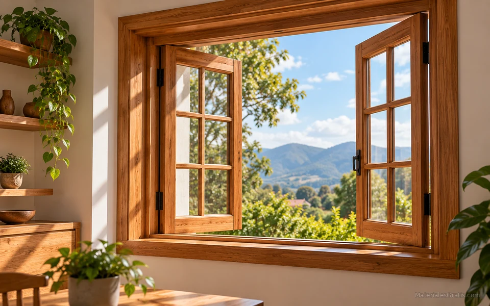 Ventana de madera abierta hacia un paisaje montañoso con luz natural.