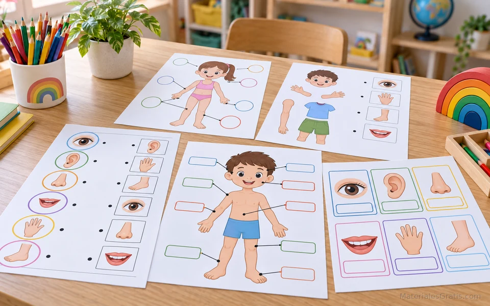 Ficha infantil sobre partes del cuerpo humano con ilustraciones educativas en un escritorio.