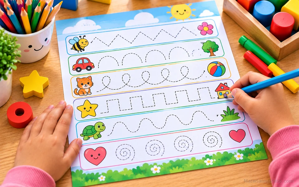 Ficha de grafomotricidad con trazos y caminos para preescolar junto a lápices de colores.