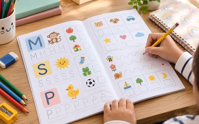 Cuaderno de lectoescritura inicial con ejercicios de letras, sílabas y palabras ilustradas.