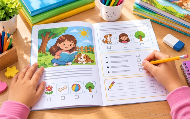 Niños leyendo un cuadernillo de lecturas cortas con actividades de comprensión.