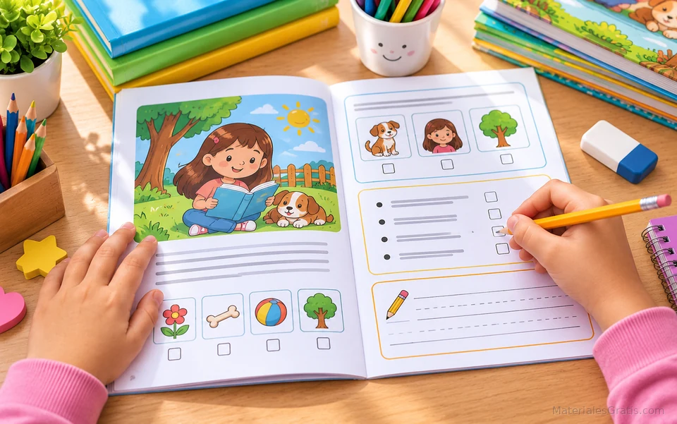 Niños leyendo un cuadernillo de lecturas cortas con actividades de comprensión.