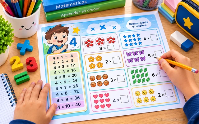 Ficha de multiplicaciones y tablas sobre un escritorio escolar con lápices y cuaderno.