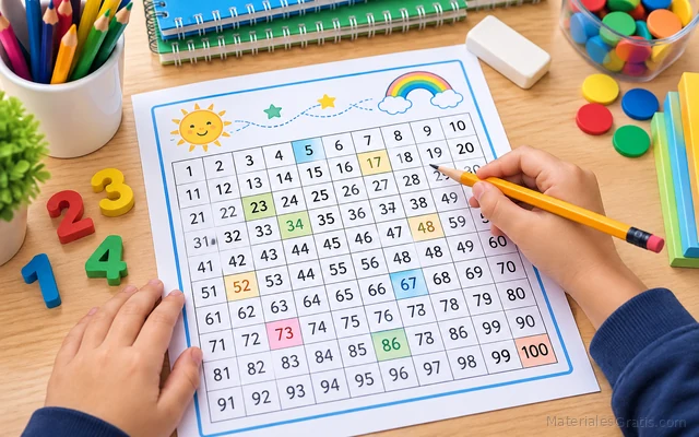 Hoja educativa con números del 1 al 100 y material escolar para práctica de primaria.