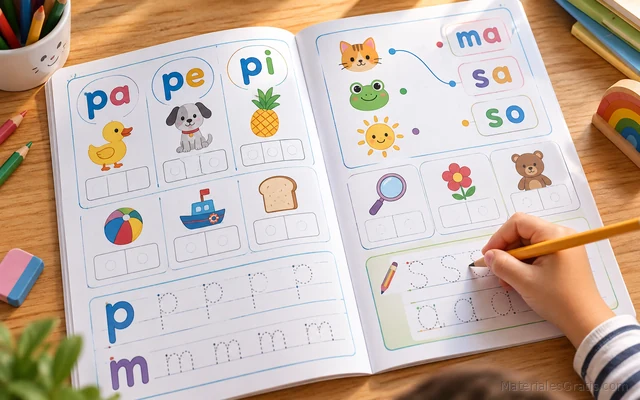 Niño trabajando un cuadernillo de sílabas con letras e imágenes en un escritorio educativo.