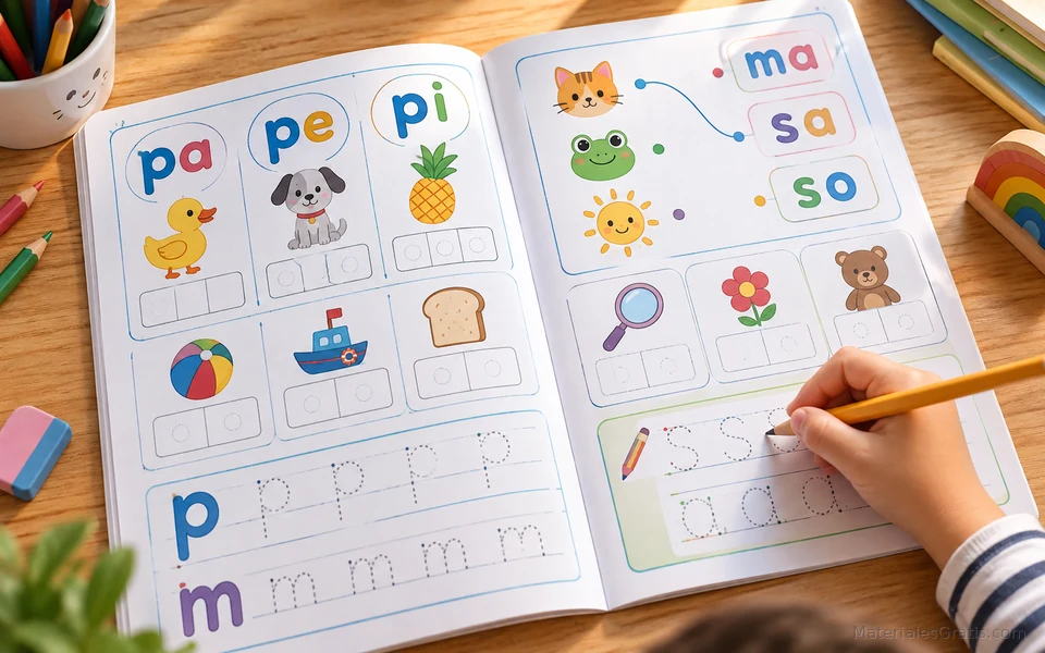 Niño trabajando un cuadernillo de sílabas con letras e imágenes en un escritorio educativo.
