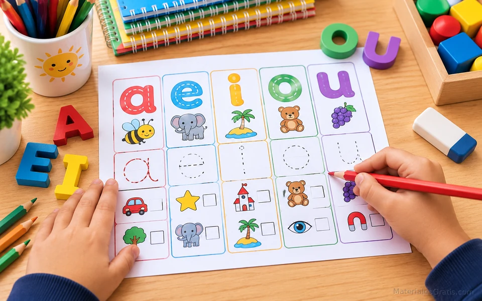 Cuadernillo de vocales con fichas de trazado y actividades infantiles sobre una mesa de estudio.
