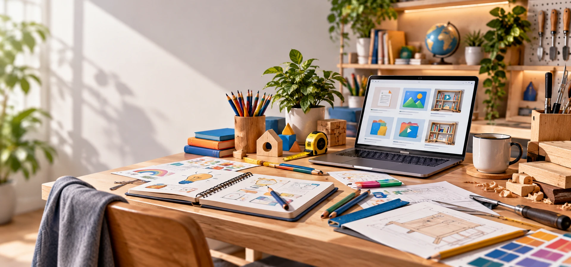 Espacio creativo con materiales educativos, planos, herramientas y un portátil